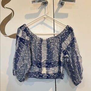 Forever 21 Blue and White Puff Sleeve Crop Top